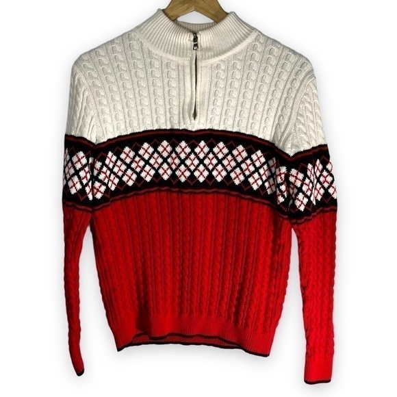 4 for $20 SALE! Liz Claiborne LizGolf Quarter Zip Cable Knit Sweater Red/Cream S - Picture 1 of 12